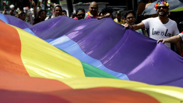 支持同性戀婚姻合法化的示威者揮舞著巨大的彩虹旗。