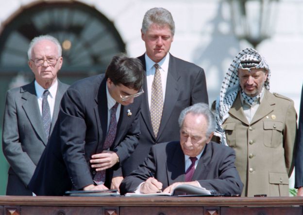 佩雷斯在美國白宮簽署奧斯陸協定（13/9/1993）