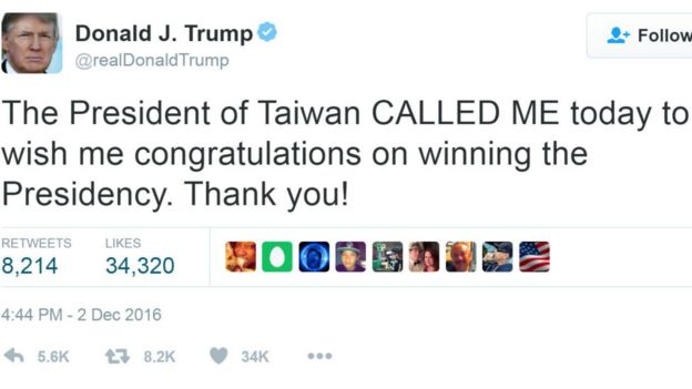 特朗普在推特发文说，感谢台湾总统给自己打来电话，祝贺自己当选。