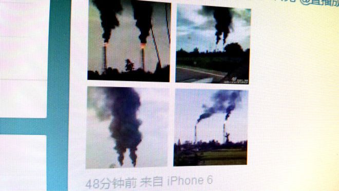 微博用户晒出关于彭州石化冒黑烟的照片