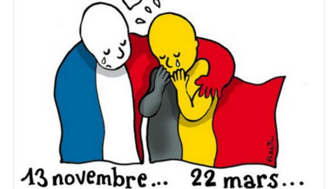 Una caricatura sobre el abrazo de Bruselas y París