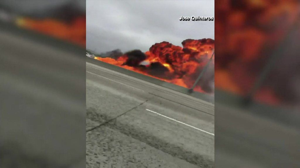 Plane crashes into truck on US freeway in Los Angeles