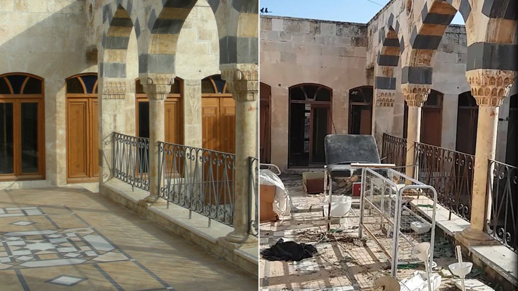 La terraza de la casa de Zahed, antes y después de la guerra.