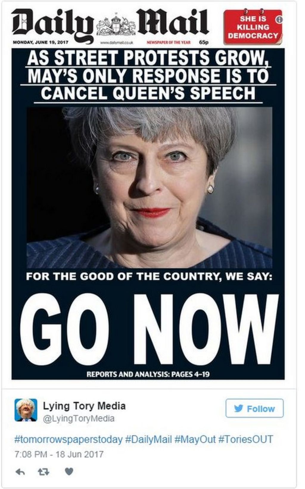 No, the Daily Mail did not tell May to 'GO NOW' - BBC News