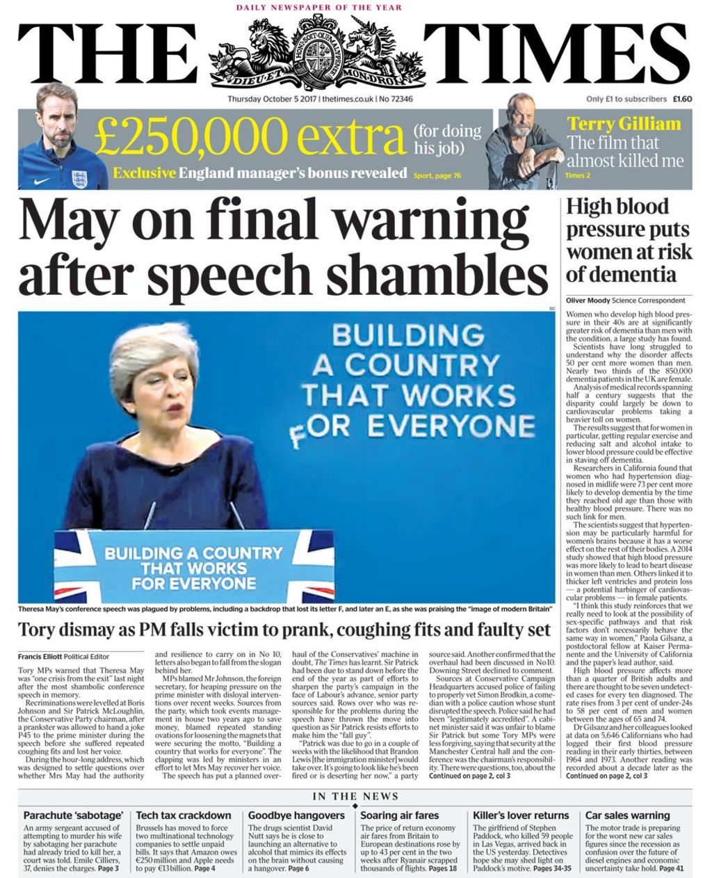 Newspaper headlines May 'on final warning after speech shambles' BBC