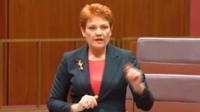 Austrailan politician Pauline Hanson makes a speech in the Australian parliament