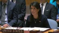 Nikki Haley, sitting at her seat in the UN Security Council