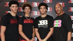 LiAngelo Ball (second from right) with brothers LA Lakers player Lonzo Ball (left), LaMelo Ball (second from left) and LaVar Ball (right)
