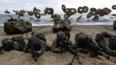 South Korean marines participate in landing operation referred to as Foal Eagle joint military exercise with US troops Pohang seashore on 2 April 2017 in Pohang, South Korea.