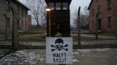 A sign reading "Stop!" in German and Polish is seen at the former Nazi German concentration and extermination camp Auschwitz, 27 January 2018