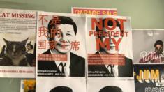 Posters reading "not my president" in Chinese and English over a photo of Xi Jinping at Melbourne University in Australia