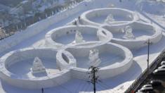 Olympic rings carved in snow in Hoenggye near the Winter Olympics site in Pyeongchang