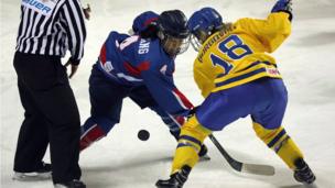 The athletes of Team Korea in action during the Women's Ice Hockey friendly match against Sweden