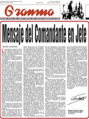 Esta fue la portada del diario Granma cuando Fidel Castro anunció su renuncia y el traslado del poder a Raúl Castro.