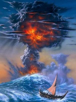 Una ilustración de la misteriosa erupción vista desde el mar, donde un barco batalla las olas