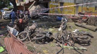 Aftermath of explosion at restaurant in India's Madhya Pradesh state, 13 September 2015