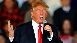 Donald Trump addressing a campaign rally in Des Moines, Iowa (12 December)