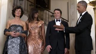 US President Barack Obama (right) and First Lady Michelle Obama (second left) with Italian Prime Minister Matteo Renzi and Italian First Lady Agnese Landini at the White House, 18 October 2016