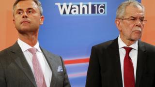 Presidential rivals Norbert Hofer (left) and Alexander Van der Bellen during a TV debate in Vienna, Austria, on 24 April 2016
