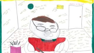 Child's drawing of boy taking test