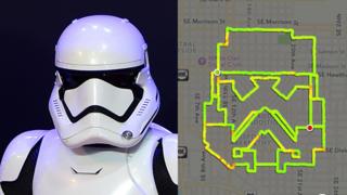 A Stormtrooper helmet next to a map