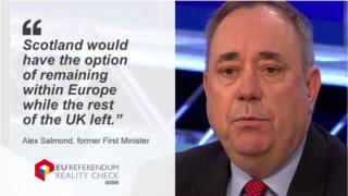 Alex Salmond saying: "Scotland would have the option of remaining within Europe while the rest of the UK left."
