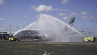 Emirates Airbus A380 shortly after touching down in Auckland