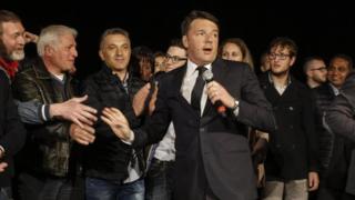 Matteo Renzi (centre) speaks to his supporters in Rome. Photo: 30 April 2017