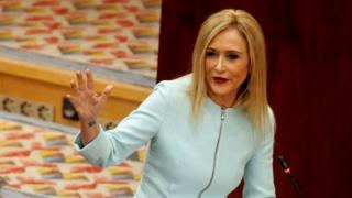 Cristina Cifuentes speaks in the Madrid regional assembly on 19 April