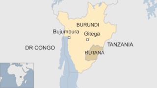 map of Burundi showing Gitega in centre and Rutana in south east