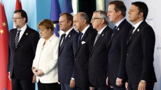 Spanish Prime Minister Mariano Rajoy, German Chancellor Angela Merkel, President of the European Council Donald Tusk, French Foreign Minister Laurent Fabius, European Commission President Jean-Claude Juncker, British Prime Minister David Cameron and Italian Prime Minister Matteo Renzi observe a minute of silence for the Paris terror attacks victims during the G20 Summit in Antalya
