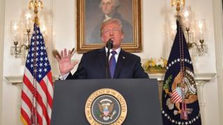 US President Donald Trump addresses the nation on the situation in Syria April 13, 2018 at the White House in Washington, DC. Trump said strikes on Syria are under way.