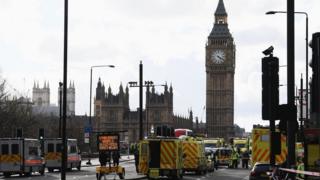 Police and ambulances at scene of the attacks near the Houses of Parliament