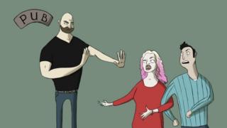 Cartoon of Ruby being rejected from pub by bouncer
