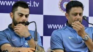 সংবাদ সম্মেলনে ভিরাট কোহলি ও অনিল কুম্বলে