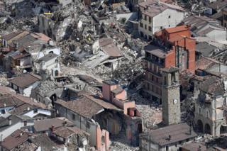 An aerial view of damage in Amatrice, 1 September