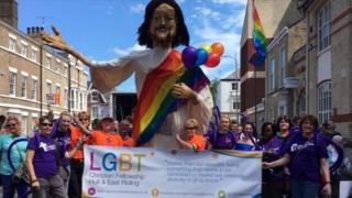 Large statue of Jesus at Pride event in Hull