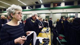 Lawyers react to the sentence read by the judges of the Third Court of Rome during the trial of South American military officers and civilians accused of collaborating in the forced disappearances and murder of Italian nationals, in a US-backed regional plan dubbed "Operation Condor. Jan 2017