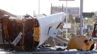School bus in Houston after rolling off of an overpass on 15 September 2015