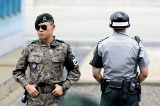 South Korean solders at a border village