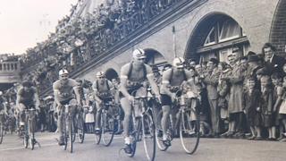 Cyclists racing on the road in 1942