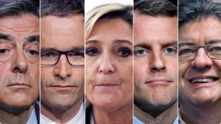 François Fillon, Benoit Hamon, Marine Le Pen, Emmanuel Macron e Jean-Luc Melenchon