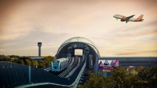 A computer-generated image of the new rail link at Luton Airport
