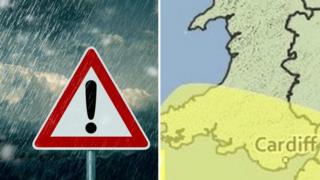 A rain warning sign and a map of Wales with the affected area in yellow