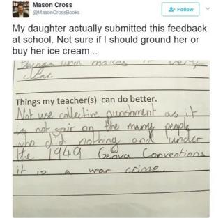 A picture tweeted by Mason Cross showing his daughter's school feedback form