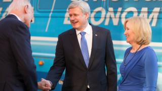 Canadian Prime Minister Stephen Harper and his wife Lauren arrive for a federal leaders debate in Toronto, Canada, on August 6, 2015