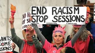 Desiree Fairooz, an activist affiliated with the group Code Pink, at the confirmation hearing in January.