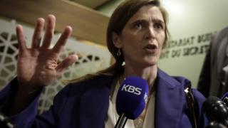 US Ambassador to the UN Samantha Power arrives for UN Security Council consultations. 25 Feb 2016