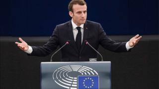 Le président français Emmanuel Macron lors de son adresse au Parlement de l'UE à Strasbourg.