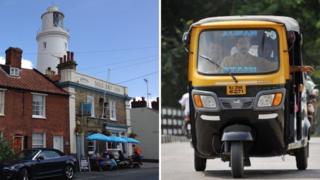 Southwold lighthouse and Sole Bay Inn with a tuk tuk